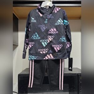 New Adidas Kids' Black Tracksuit with Pink and Blue Accents toddler girls 4T